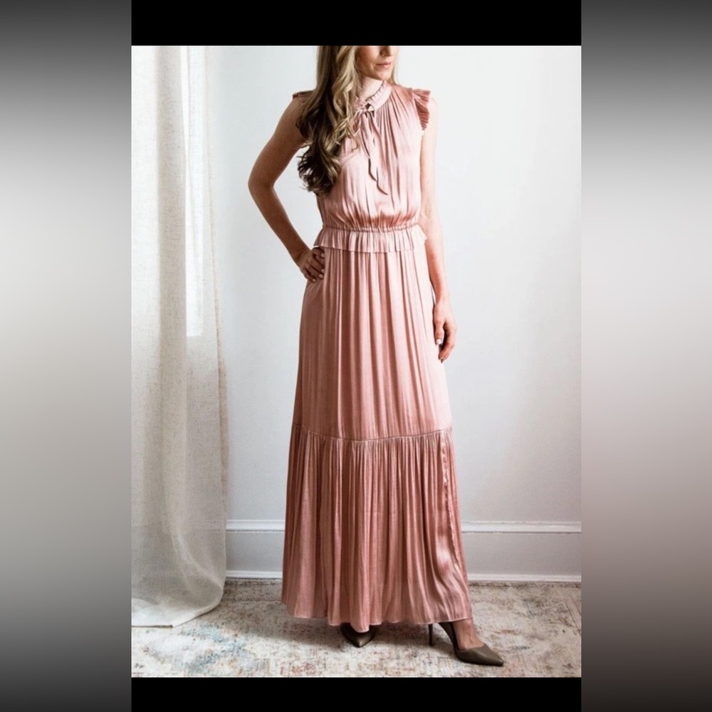 Banana Republic Blush Satin Ruffle Neckline Flutter Sleeve Maxi Dress Pink 6 NW